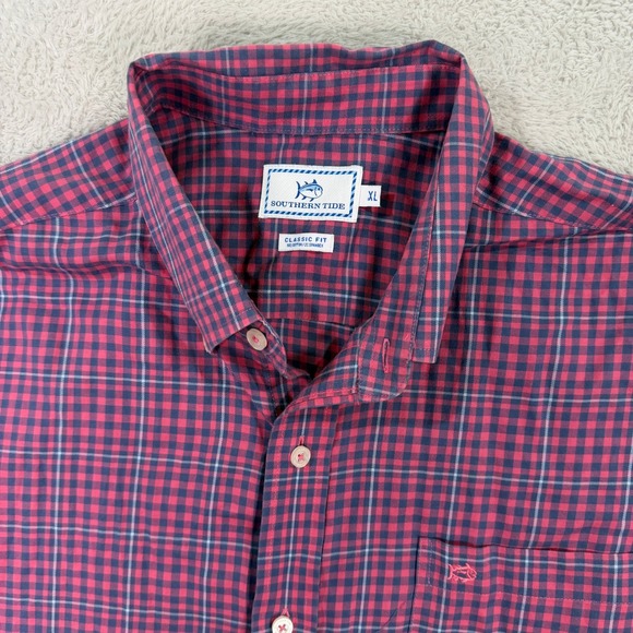 Southern Tide Mens XL Button Down Shirt Classic Fit Red Blue Gingham Long Sleeve - Picture 2 of 7